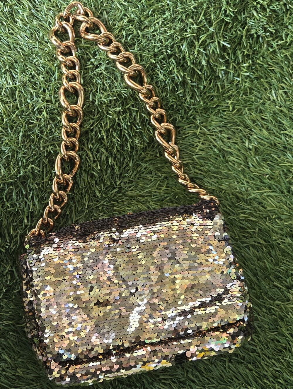 Zara Gold Sequin Mini Bag with Chunky Chain
